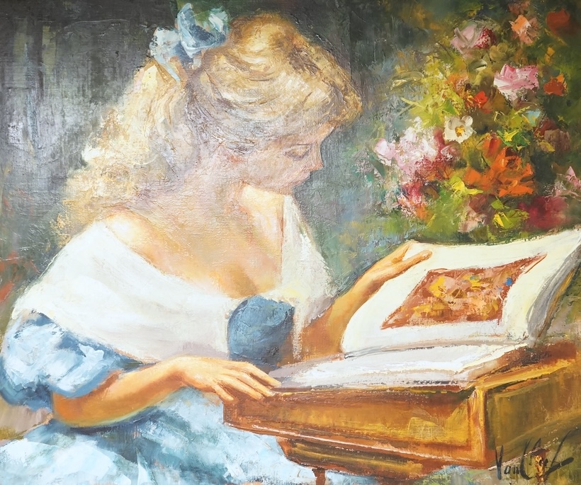 Robert Van Cleef (French, b.1914), Study of a girl reading beside flowers, signed, oil on canvas, 53 x 63cm, ornate frame